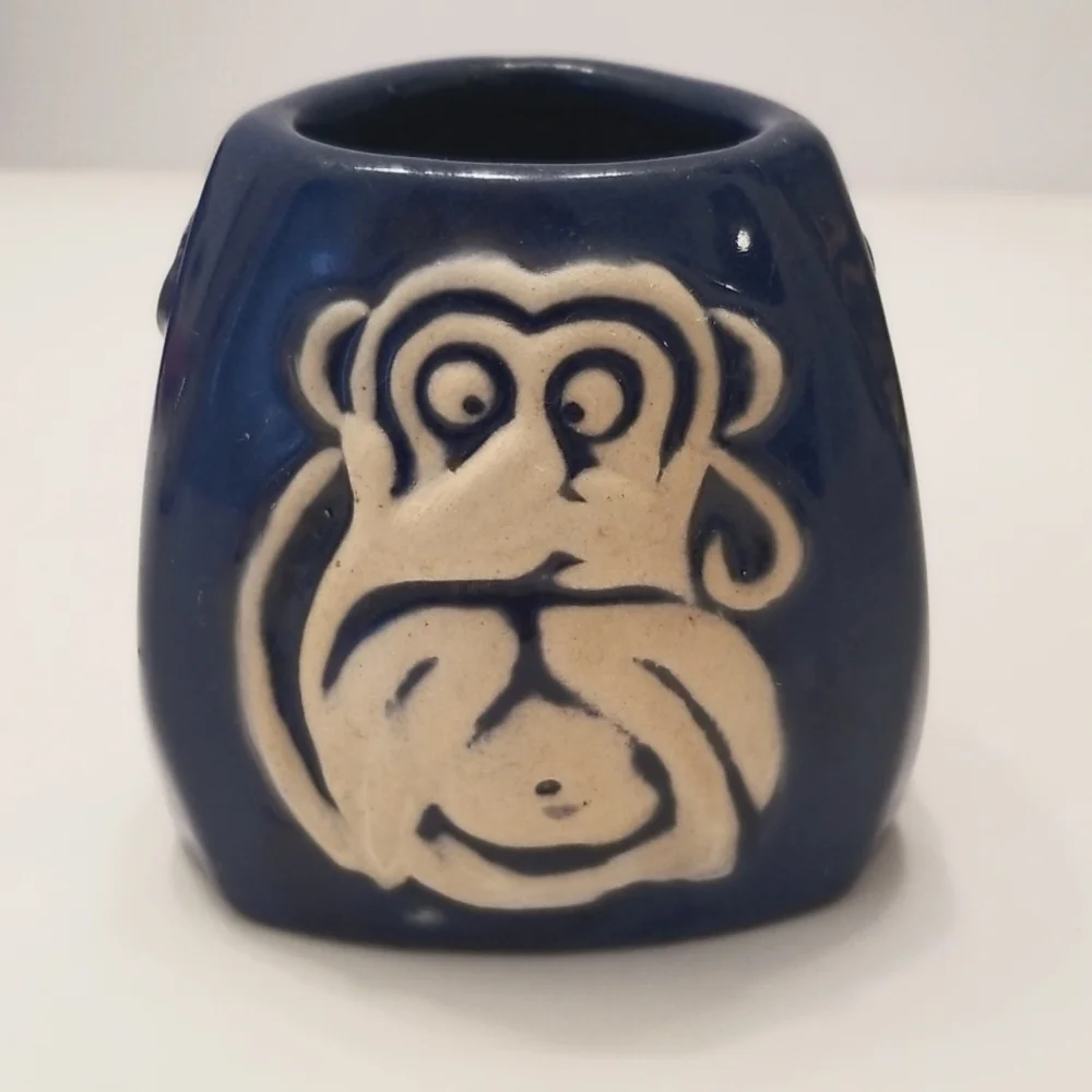 Vintage C.P.N.P. blue ceramic 3 wise monkeys hear speak, see, no evil vase cup